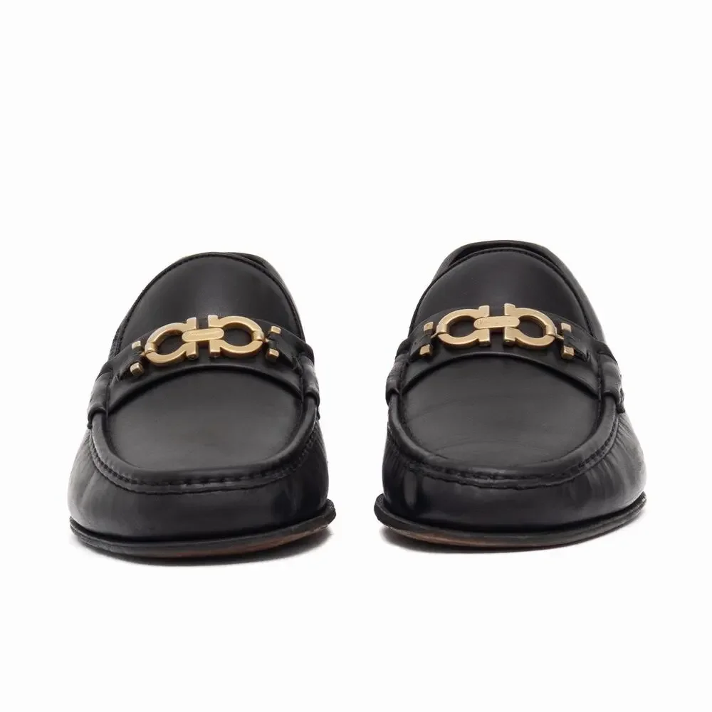 950$ SALVATORE FERRAGAMO Black Leather Gold Gancini Bit Loafers US 10.5 D